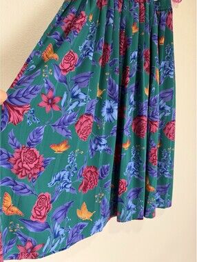 VTG 90s Pleated Teal Floral Midi Skirt Sz 16W Elastic Waist | Coquette Butterfly